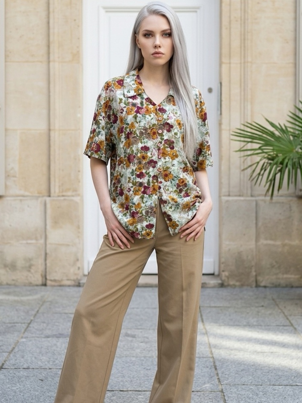 Vintage 100% Silk Boho Floral Blouse Oversized 90s Brown Blouse Top Large